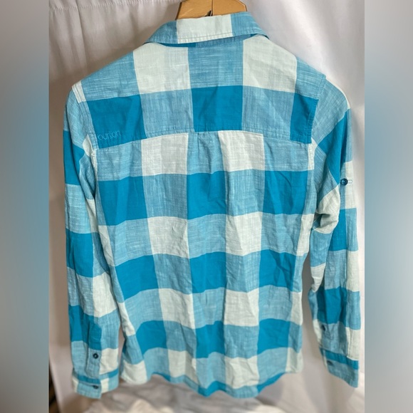 Burton Long Sleeve Plaid Shirt Women’s M Blue Grey Plaid Y2K 90s Grunge Distress - Picture 6 of 14
